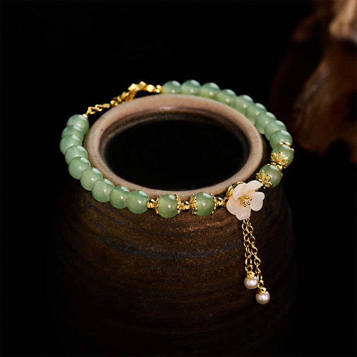 Buddha Stones Copper Hetian Jade Inspired Luck Flower Pearl Charm Bracelet - Jade(Abundance ♥ Luck) - image 0