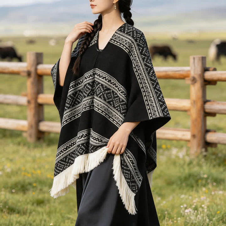 Buddha Stones Fall Winter Boho Geometric Stripe Tassel Women's Shawl - image 2