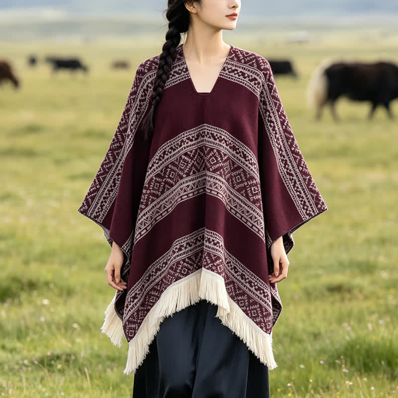 Buddha Stones Fall Winter Boho Geometric Stripe Tassel Women's Shawl - Maroon - 150*136 - image 13