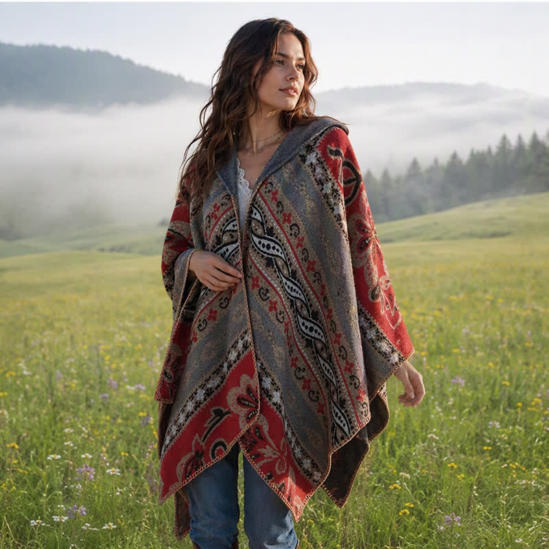 Buddha Stones Fall Winter Hooded Paisley Geometric Boho Women's Shawl - Gray - 135*150CM - image 18