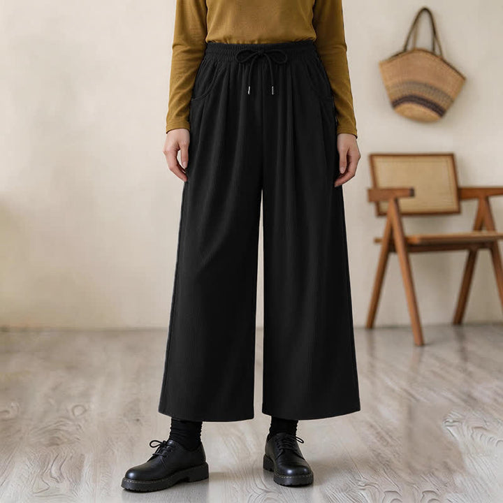 Buddha Stones Fall Winter Casual Minimalist Drawstring Solid Long Pants Corduroy Women's Straight Leg Pants With Pockets - Black - US12, UK/AU16, EU44 (2XL) - image 7