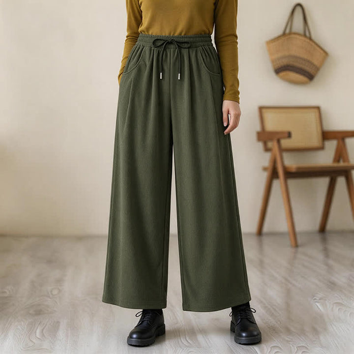 Buddha Stones Fall Winter Casual Minimalist Drawstring Solid Long Pants Corduroy Women's Straight Leg Pants With Pockets - DarkOliveGreen - US12, UK/AU16, EU44 (2XL) - image 0