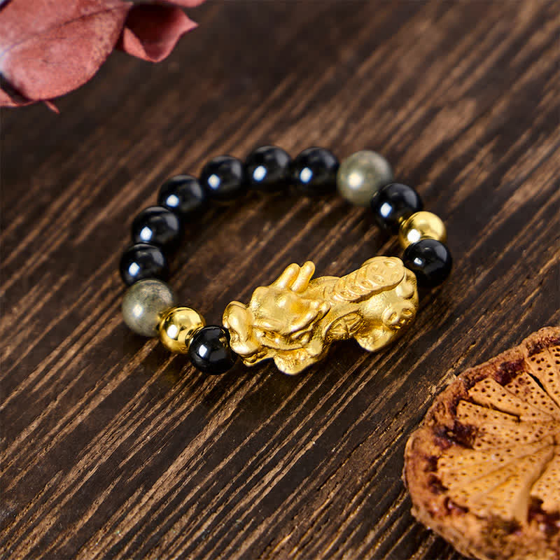 Buddha Stones Black Obsidian Pyrite Hematite Copper Pi Xiu Mini Stretch Beaded Ring for Wealth and Energy - Obsidian + Pyrite - Large: Fits US 8–10 - image 0