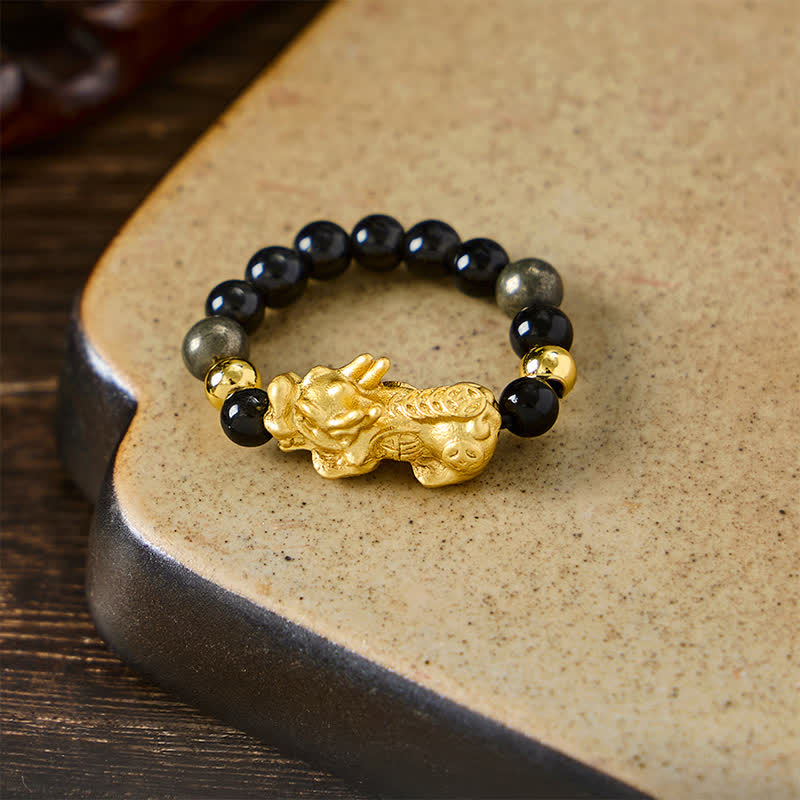 Buddha Stones Black Obsidian Pyrite Hematite Copper Pi Xiu Mini Stretch Beaded Ring for Wealth and Energy - image 10