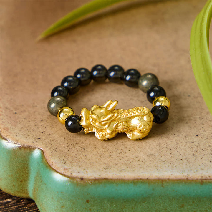 Buddha Stones Black Obsidian Pyrite Hematite Copper Pi Xiu Mini Stretch Beaded Ring for Wealth and Energy - image 3