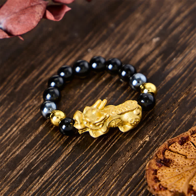 Buddha Stones Black Obsidian Pyrite Hematite Copper Pi Xiu Mini Stretch Beaded Ring for Wealth and Energy - Obsidian + Hematite - Large: Fits US 8–10 - image 14
