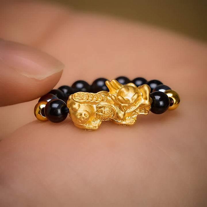 Buddha Stones Black Obsidian Pyrite Hematite Copper Pi Xiu Mini Stretch Beaded Ring for Wealth and Energy - image 22