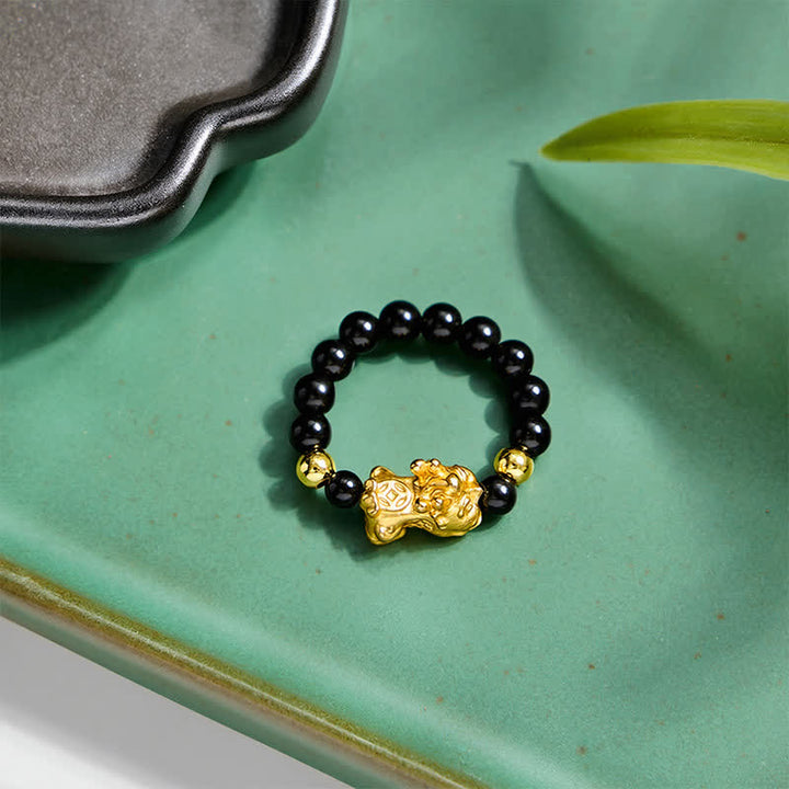 Buddha Stones Black Obsidian Copper Pi Xiu Mini Stretch Beaded Ring for Healing and Energy - image 10