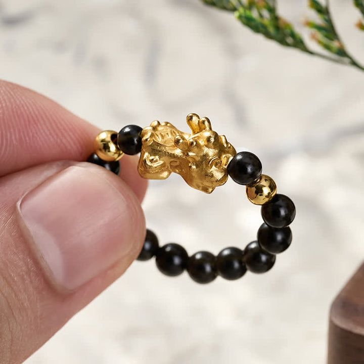 Buddha Stones Black Obsidian Copper Pi Xiu Mini Stretch Beaded Ring for Healing and Energy - image 4