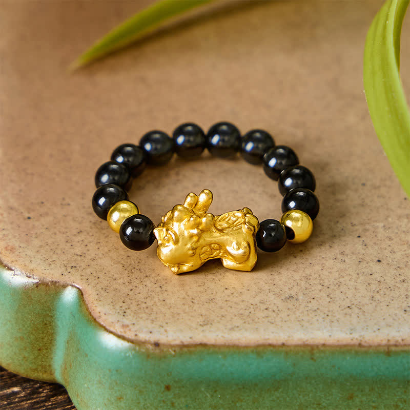 Buddha Stones Black Obsidian Copper Pi Xiu Mini Stretch Beaded Ring for Healing and Energy - image 3
