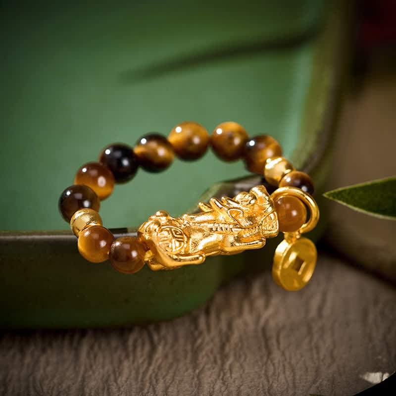Buddha Stones Tiger Eye Pi Xiu Wealth Chinese Coin Mini Stretch Beaded Ring - Fits US Size 6–8(52-55mm) - image 0