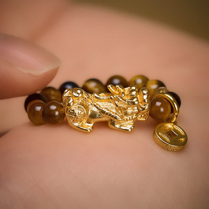 Buddha Stones Tiger Eye Pi Xiu Wealth Chinese Coin Mini Stretch Beaded Ring - image 2