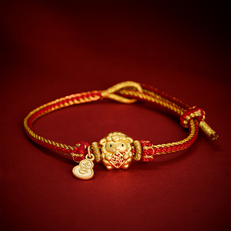 Buddha Stones Year of the Goat Copper Cute Sheep Lamb Fu Character Coins Gourd Charm Red String Protection Bracelet - Fu Character - image 13