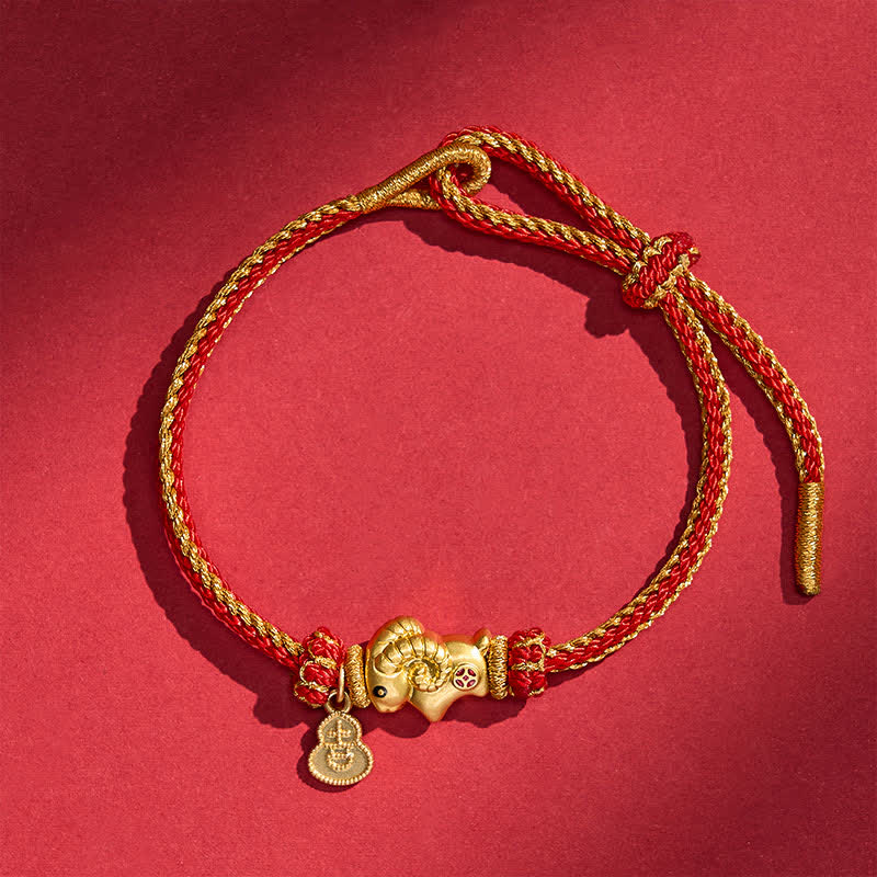 Buddha Stones Year of the Goat Copper Cute Sheep Lamb Fu Character Coins Gourd Charm Red String Protection Bracelet - image 1