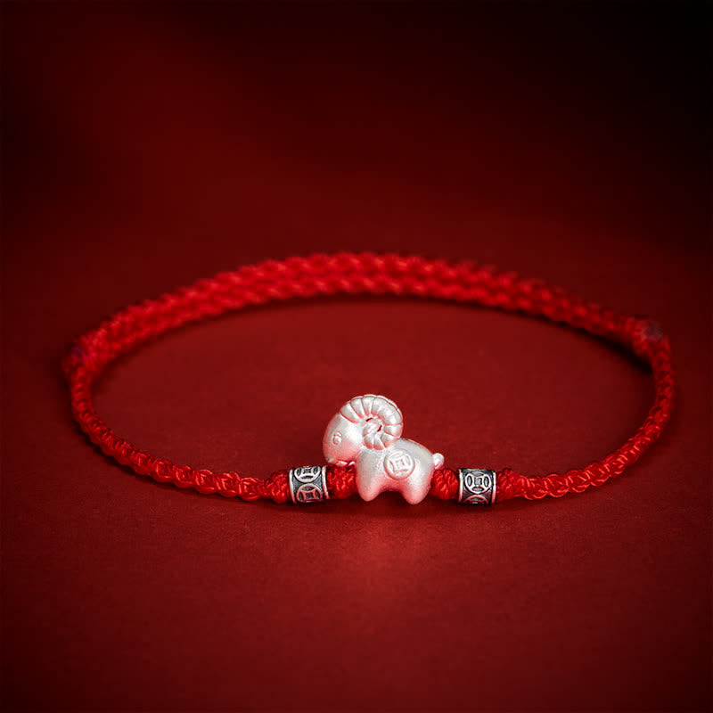 Buddha Stones Year of the Goat 999 Sterling Silver Sheep String Strength Bracelet - Red - image 0