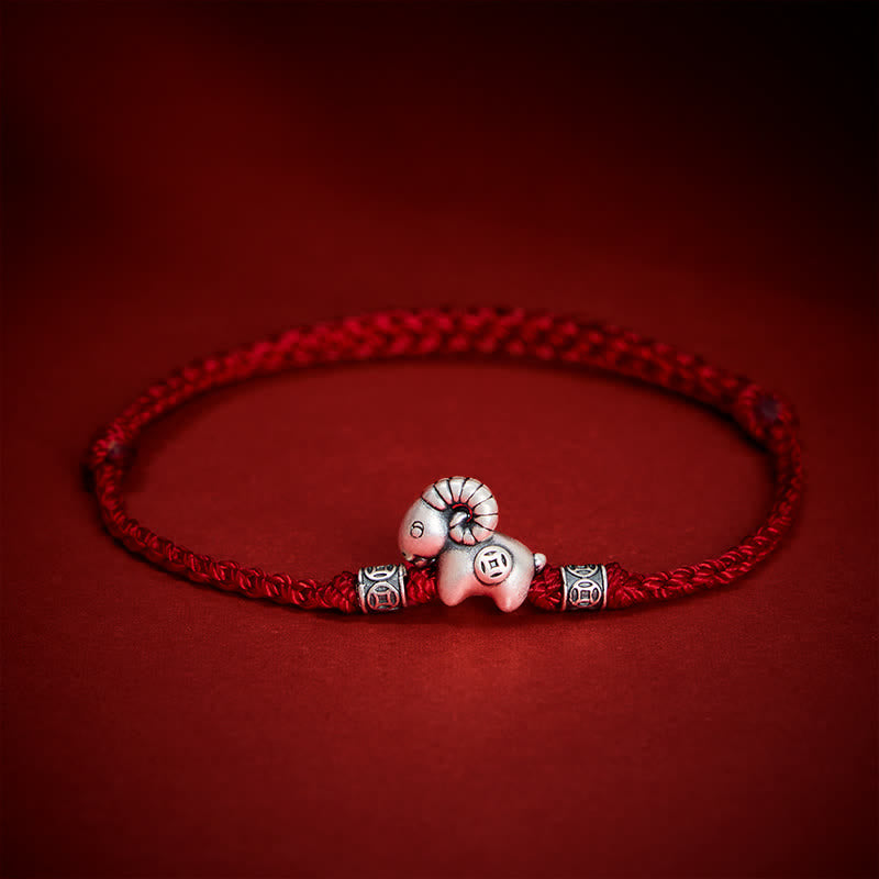 Buddha Stones Year of the Goat 999 Sterling Silver Sheep Lamb Copper Coin String Luck Bracelet - Dark Red - image 0