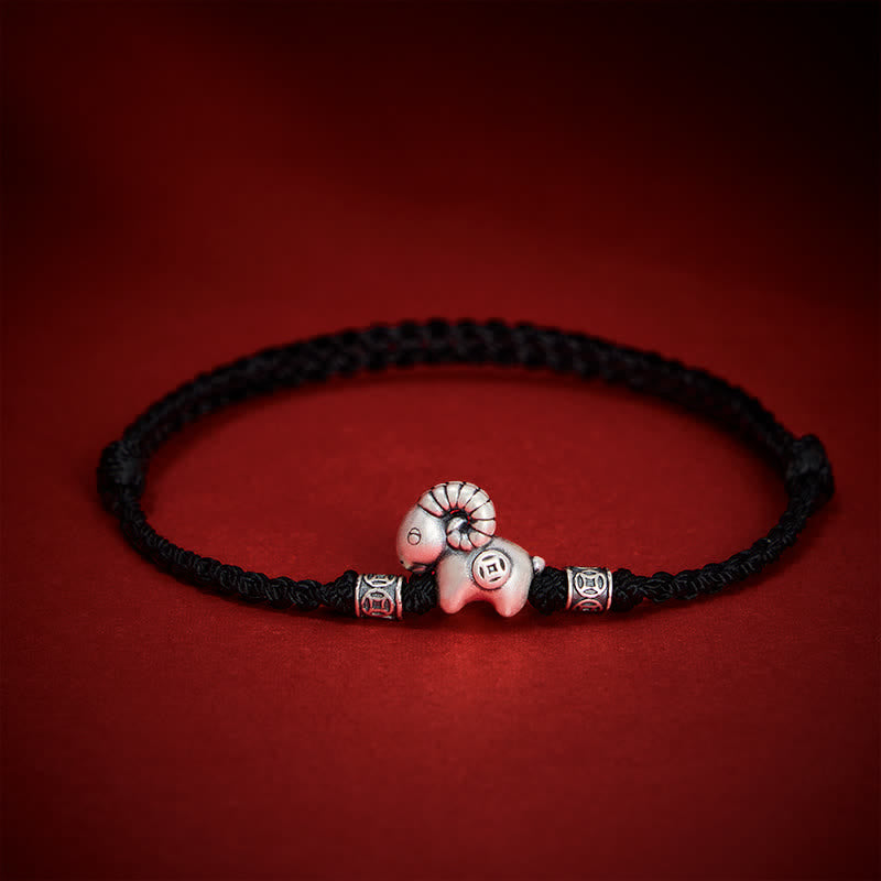 Buddha Stones Year of the Goat 999 Sterling Silver Sheep Lamb Copper Coin String Luck Bracelet - image 17