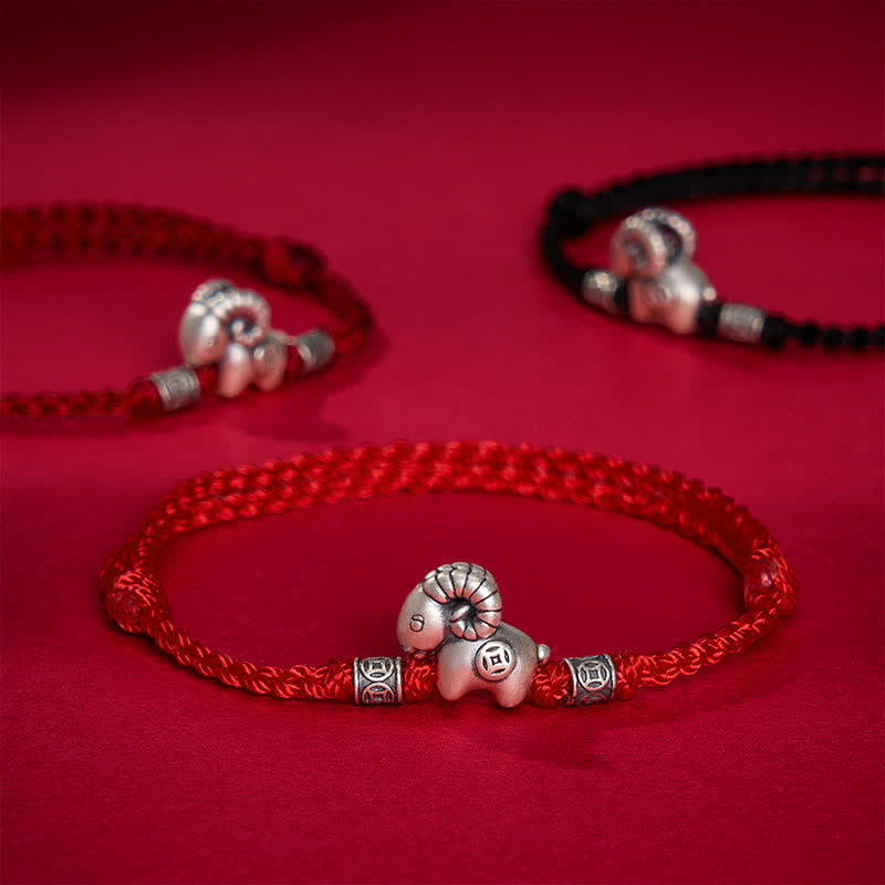 Buddha Stones Year of the Goat 999 Sterling Silver Sheep Lamb Copper Coin String Luck Bracelet - image 15