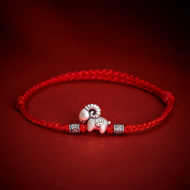 Buddha Stones Year of the Goat 999 Sterling Silver Sheep Lamb Copper Coin String Luck Bracelet - image 12