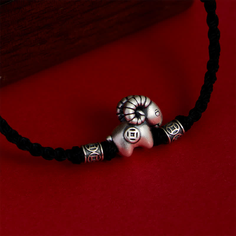 Buddha Stones Year of the Goat 999 Sterling Silver Sheep Lamb Copper Coin String Luck Bracelet - image 19