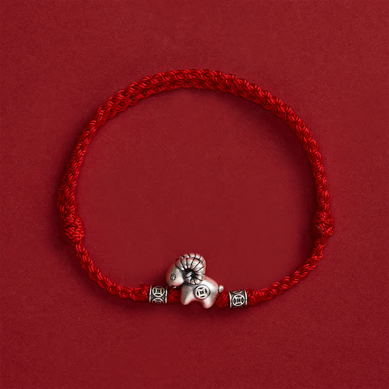 Buddha Stones Year of the Goat 999 Sterling Silver Sheep Lamb Copper Coin String Luck Bracelet - image 13