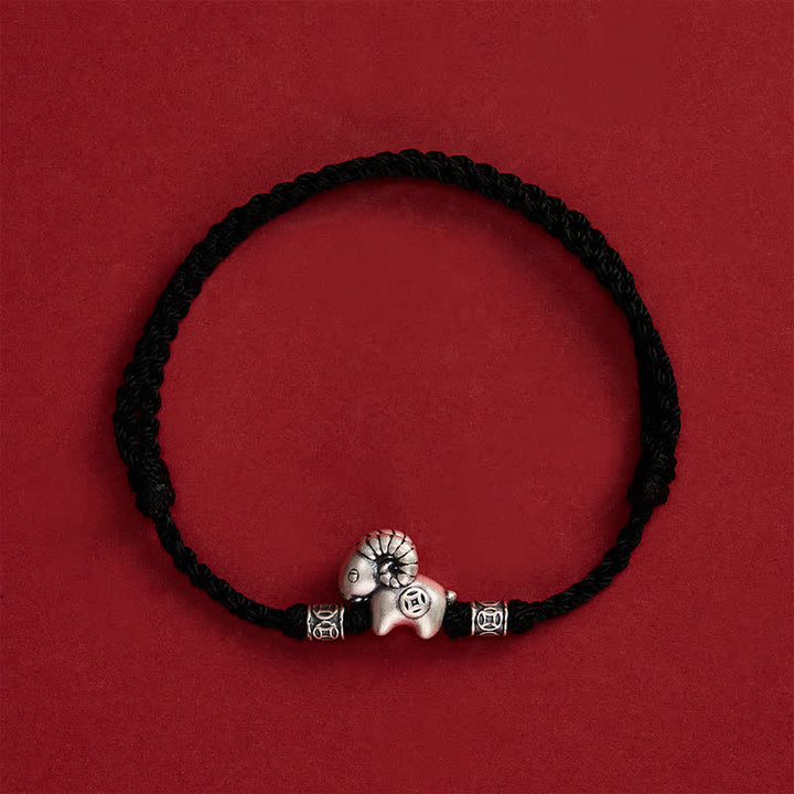 Buddha Stones Year of the Goat 999 Sterling Silver Sheep Lamb Copper Coin String Luck Bracelet - image 18