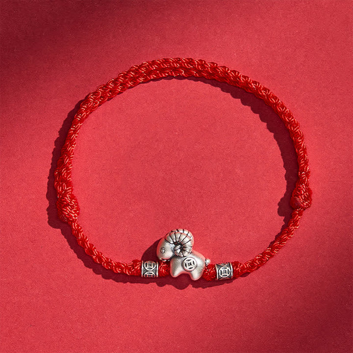 Buddha Stones Year of the Goat 999 Sterling Silver Sheep Lamb Copper Coin String Luck Bracelet - Red - image 11