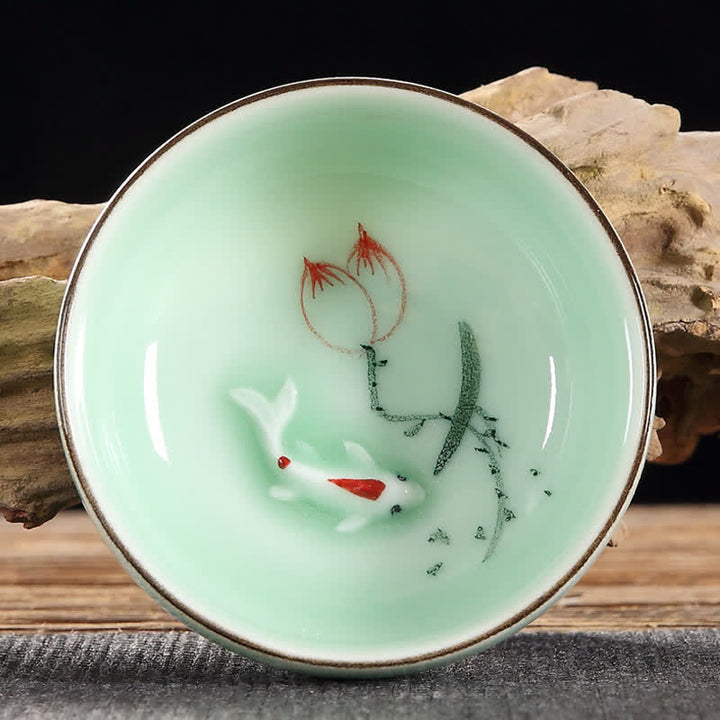 Buddha Stones Hand-Painted Koi Fish Lotus Ceramic Prosperity Tea Cup - Two Lotus - image 1
