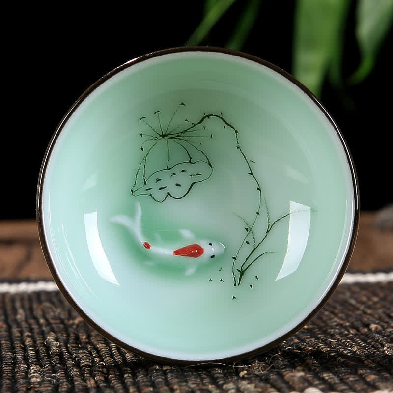 Buddha Stones Hand-Painted Koi Fish Lotus Ceramic Prosperity Tea Cup - Lotus Seed Pod - image 5