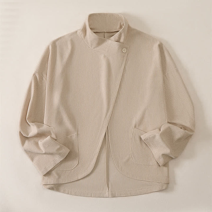 Buddha Stones Fall Winter Casual Mandarin Collar Asymmetric Front Solid Corduroy Women's Long Sleeve Shirts With Pockets - image 13