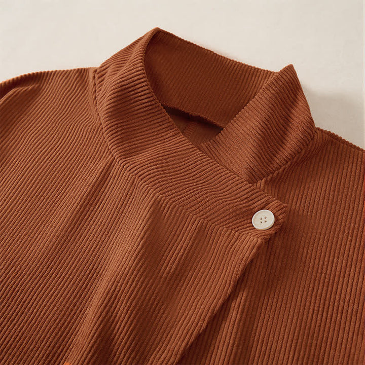 Buddha Stones Fall Winter Casual Mandarin Collar Asymmetric Front Solid Corduroy Women's Long Sleeve Shirts With Pockets - image 5