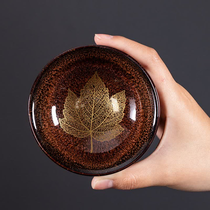 Buddha Stones Dark Speckled Maple Leaf Ceramic Tea Cup - image 10