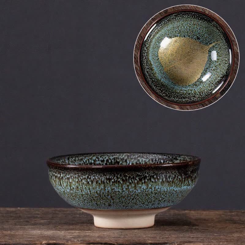Buddha Stones Dark Speckled Maple Leaf Ceramic Tea Cup - Blue Leaf - image 5
