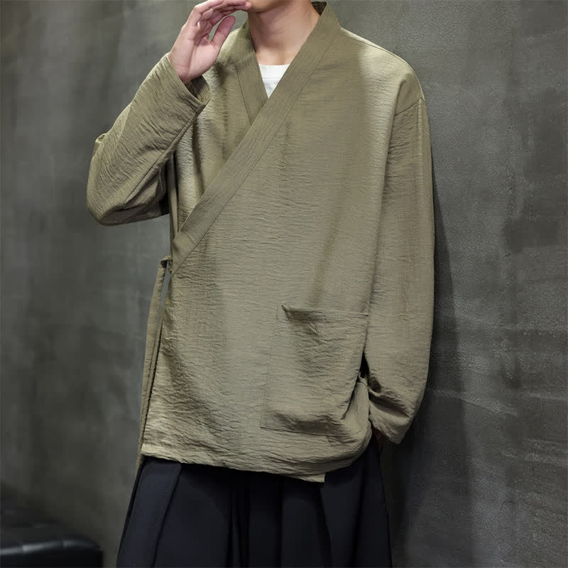 Buddha Stones Spring Tang Style Minimalist Drawstring Solid Men's Kimono With Pocket - DarkKhaki - US/UK/AU48，EU58 (4XL) - image 0