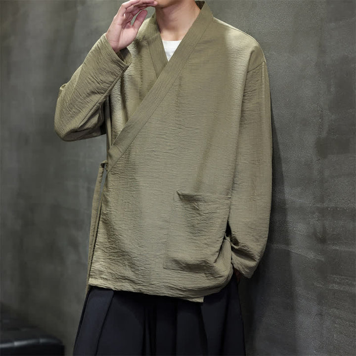 Buddha Stones Spring Tang Style Minimalist Drawstring Solid Men's Kimono With Pocket - DarkKhaki - US/UK/AU48，EU58 (4XL) - image 0