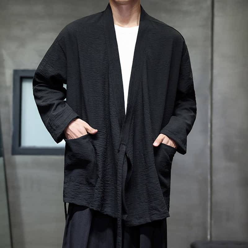 Buddha Stones Spring Tang Style Minimalist Drawstring Solid Men's Kimono With Pocket - image 18