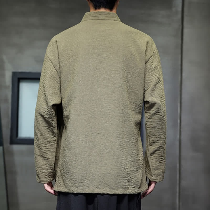 Buddha Stones Spring Tang Style Minimalist Drawstring Solid Men's Kimono With Pocket - image 4