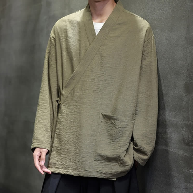 Buddha Stones Spring Tang Style Minimalist Drawstring Solid Men's Kimono With Pocket - image 5