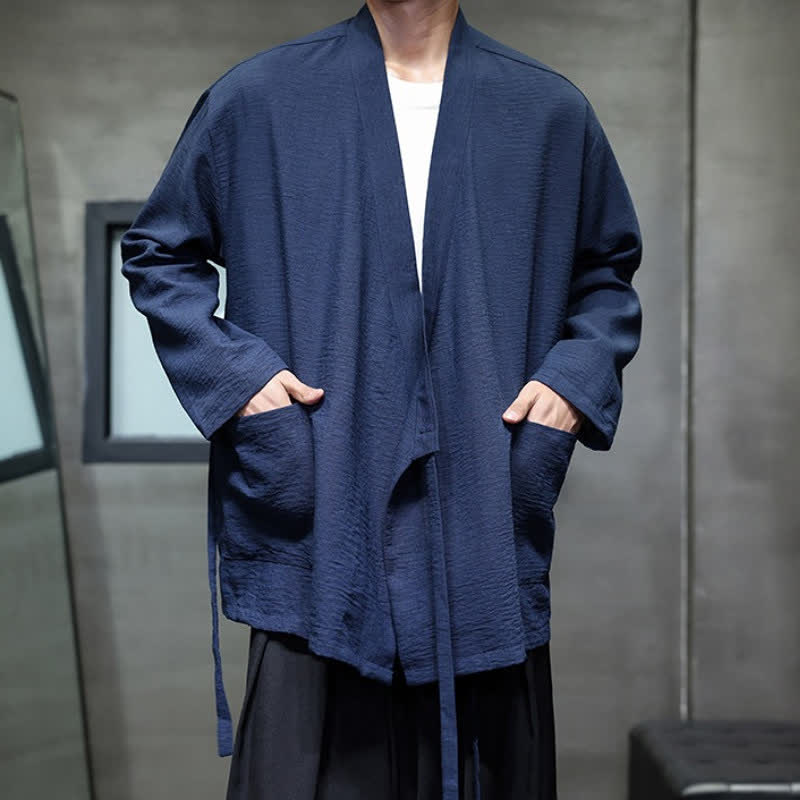 Buddha Stones Spring Tang Style Minimalist Drawstring Solid Men's Kimono With Pocket - image 9
