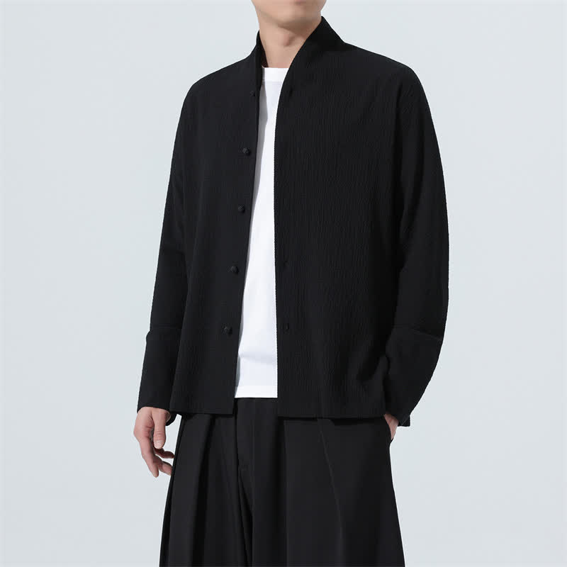 Buddha Stones Fall Classic Tang Style Button-Up Side Slit Solid Men's Long Sleeve Shirts - Black - US/UK/AU48，EU58(5XL) - image 22