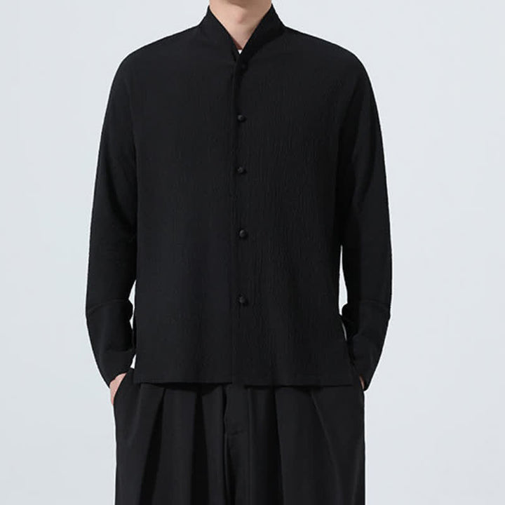 Buddha Stones Fall Classic Tang Style Button-Up Side Slit Solid Men's Long Sleeve Shirts - image 28