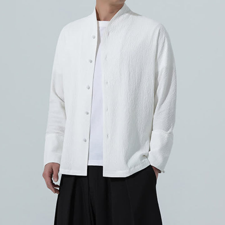 Buddha Stones Fall Classic Tang Style Button-Up Side Slit Solid Men's Long Sleeve Shirts - image 15