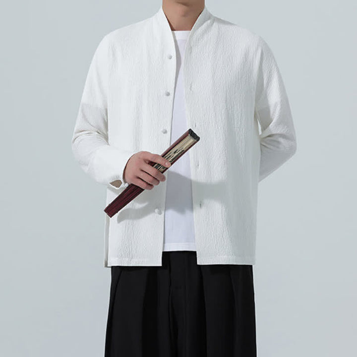 Buddha Stones Fall Classic Tang Style Button-Up Side Slit Solid Men's Long Sleeve Shirts - image 16