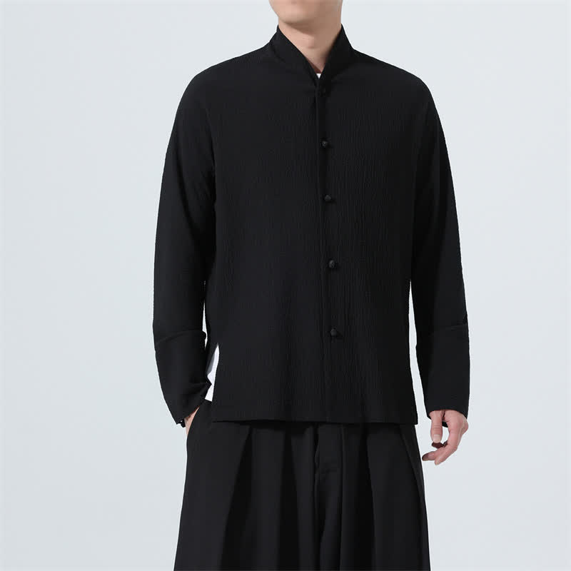 Buddha Stones Fall Classic Tang Style Button-Up Side Slit Solid Men's Long Sleeve Shirts - image 27