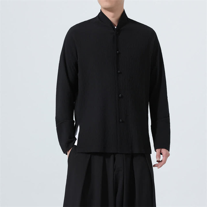 Buddha Stones Fall Classic Tang Style Button-Up Side Slit Solid Men's Long Sleeve Shirts - image 27
