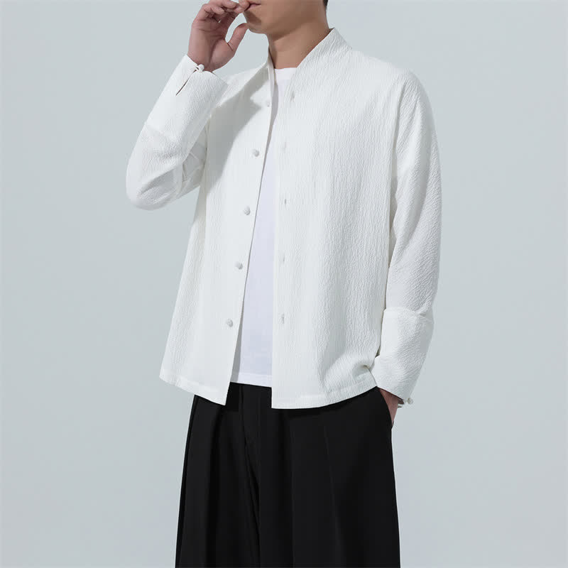 Buddha Stones Fall Classic Tang Style Button-Up Side Slit Solid Men's Long Sleeve Shirts - image 17