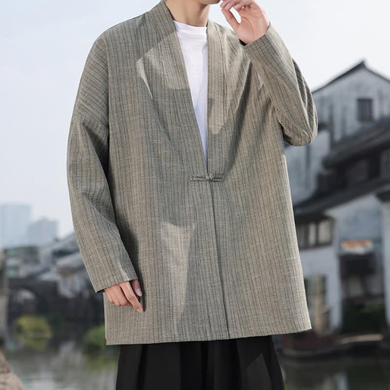 Buddha Stones Spring Tang Style Minimalist One Frog Button Solid Men's Kimono - image 5