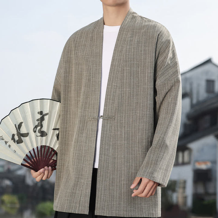 Buddha Stones Spring Tang Style Minimalist One Frog Button Solid Men's Kimono - DarkKhaki - US/UK/AU44，EU54 (4XL) - image 0