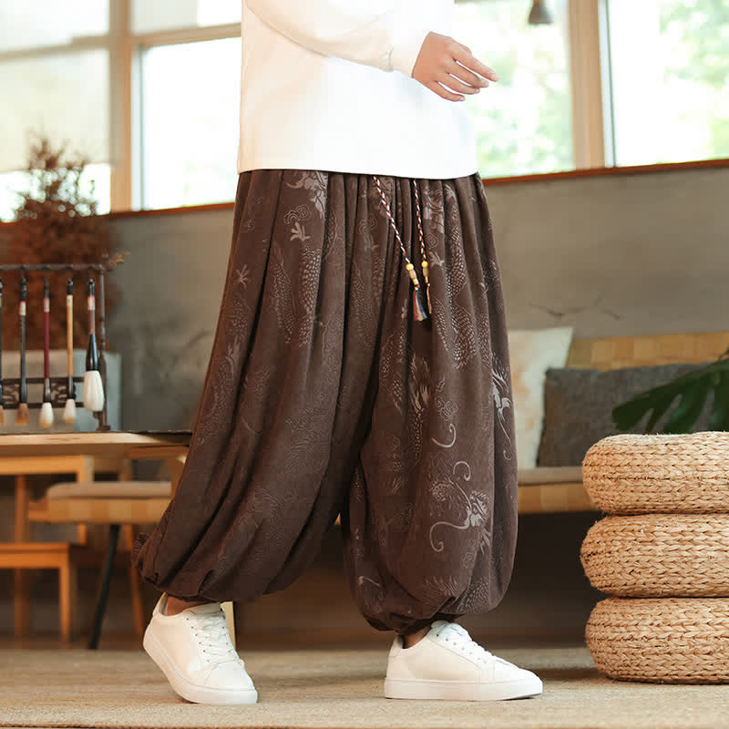 Buddha Stones Spring Fall Retro Casual Drawstring Dragon Pattern Ankle Pants Corduroy Men's Harem Pants With Pockets - SaddleBrown - US/UK/AU46，EU56 (5XL) - image 0