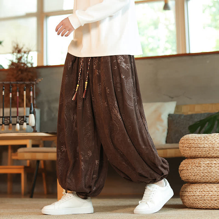 Buddha Stones Spring Fall Retro Casual Drawstring Dragon Pattern Ankle Pants Corduroy Men's Harem Pants With Pockets - image 3